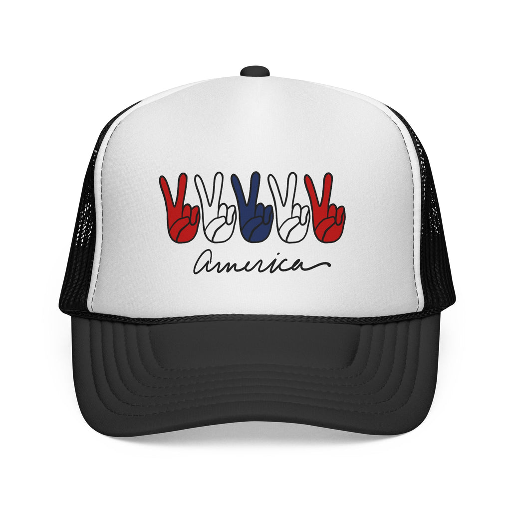 Patriotic Peace Sign Trucker Hat — "America" Red White Blue Mesh Cap