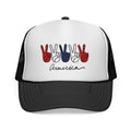 Patriotic Peace Sign Trucker Hat — "America" Red White Blue Mesh Cap