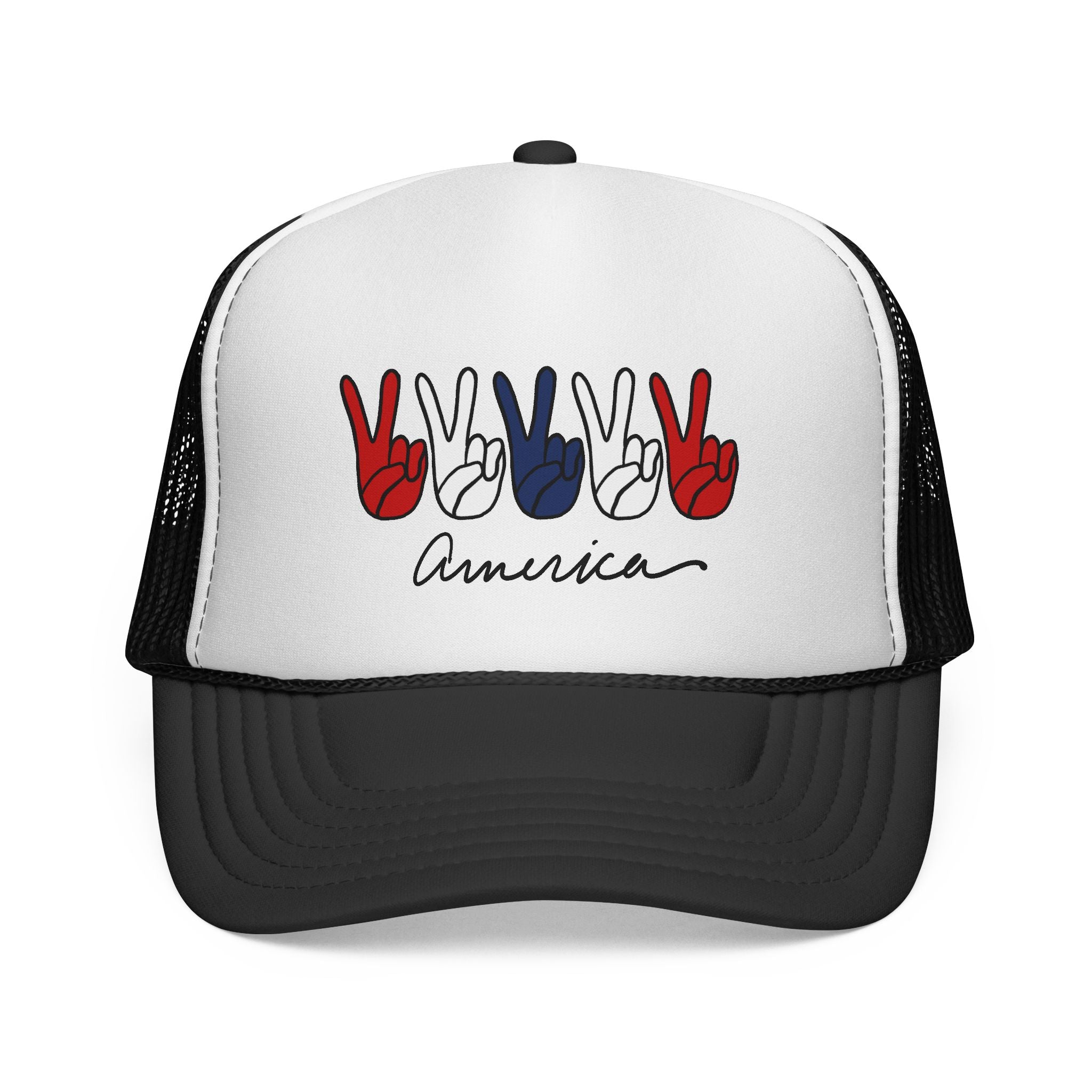 Patriotic Peace Sign Trucker Hat — "America" Red White Blue Mesh Cap