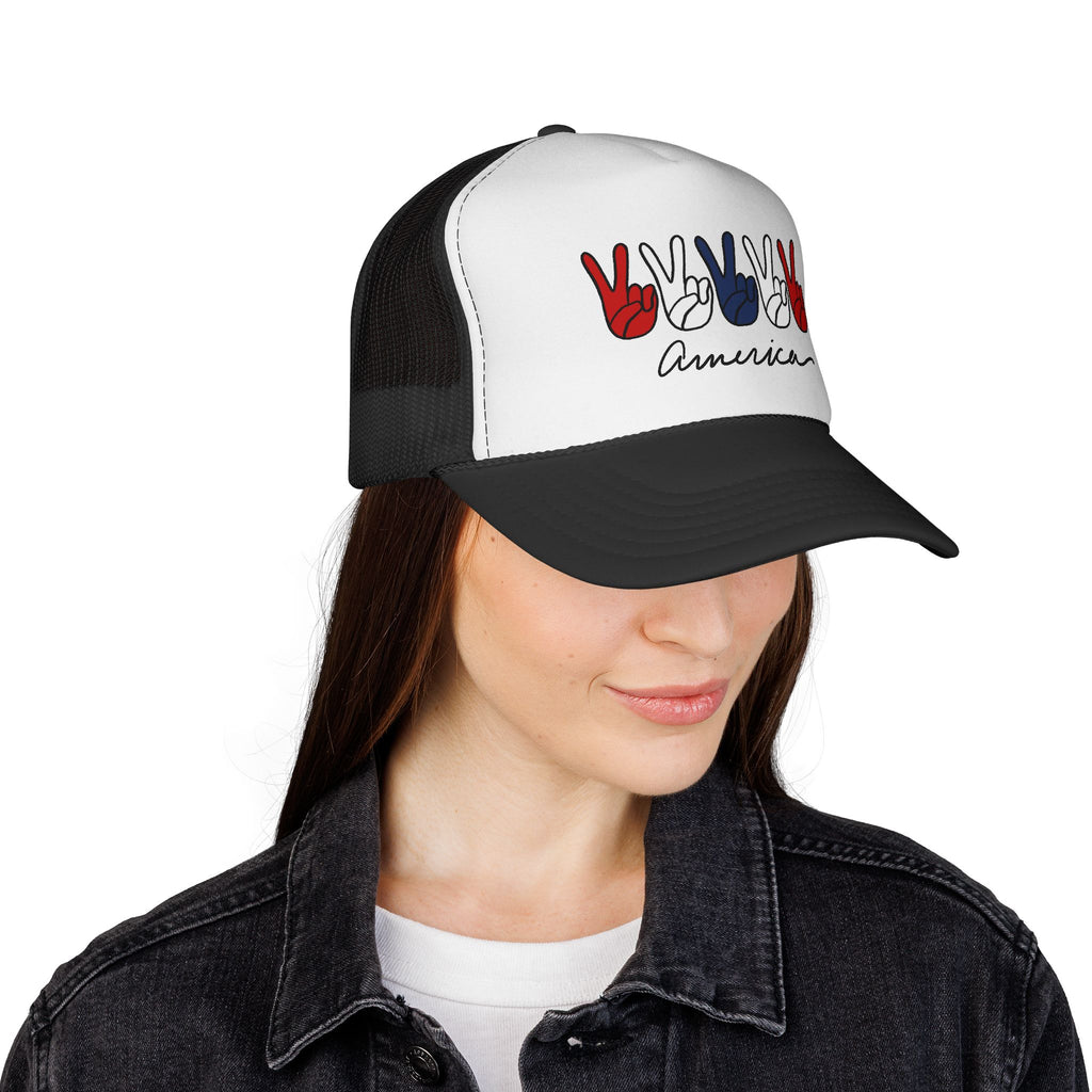 Patriotic Peace Sign Trucker Hat — "America" Red White Blue Mesh Cap