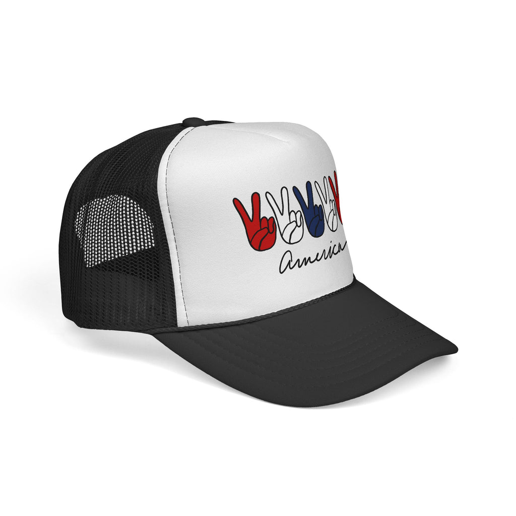 Patriotic Peace Sign Trucker Hat — "America" Red White Blue Mesh Cap